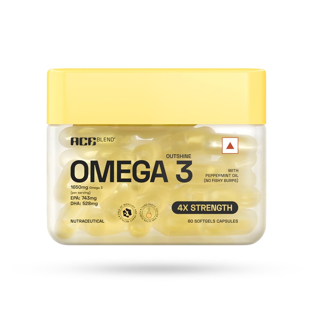 Ace Blend Outshine Omega-3 Fish Oil – 60 Softgels | 1650 mg Omega-3 per Serving | 743 mg EPA & 528 mg DHA | 4X Strength in Just 2 Capsules | No Fishy Aftertaste | Supports Heart, Brain, Joints & Eye Health