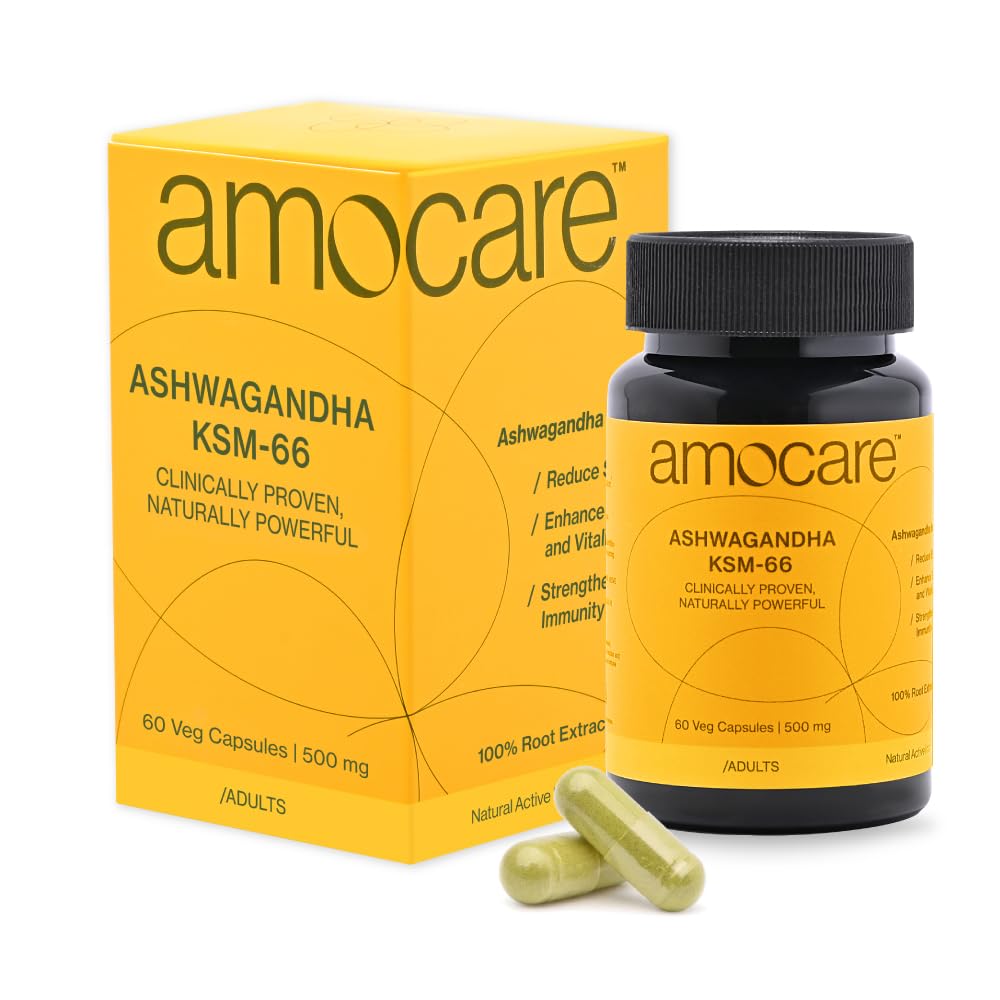 Amocare Ashwagandha KSM-66 – 500mg | 60 Veg Capsules | Full-Spectrum Root Extract