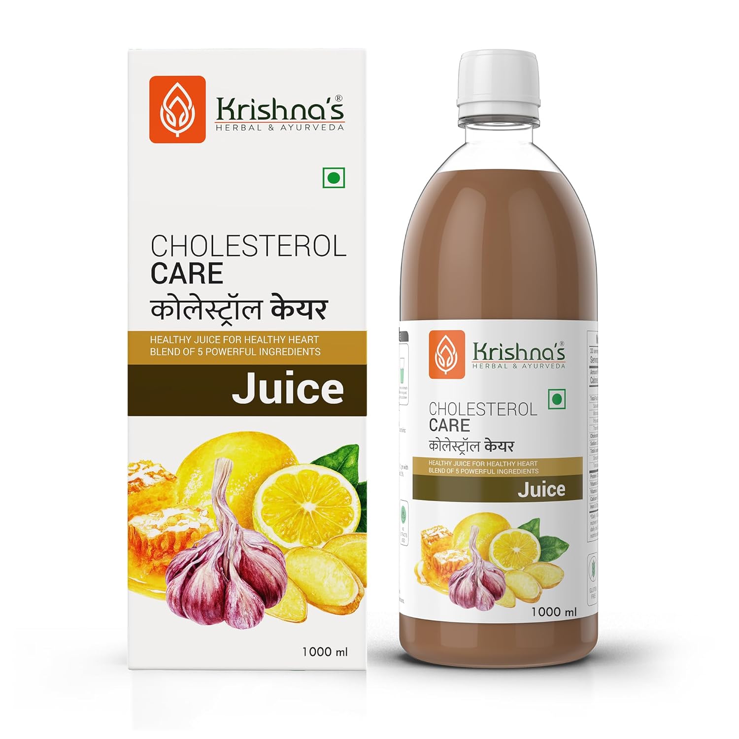 KRISHNA'S Cholesterol Care Juice – 1000ml Apple Cider + Ginger + Garlic + Honey | Sugar-Free | Supports Heart & Digestion Health