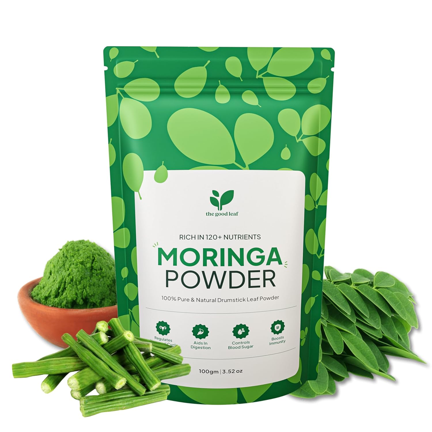 THE GOOD LEAF Moringa Powder - 100g | 100% Natural Superfood with 120+ Nutrients, Antioxidants & Vitamins | Supports PCOS, Skin & Hair Health, Digestion & Immunity | Vegan & Preservative-Free