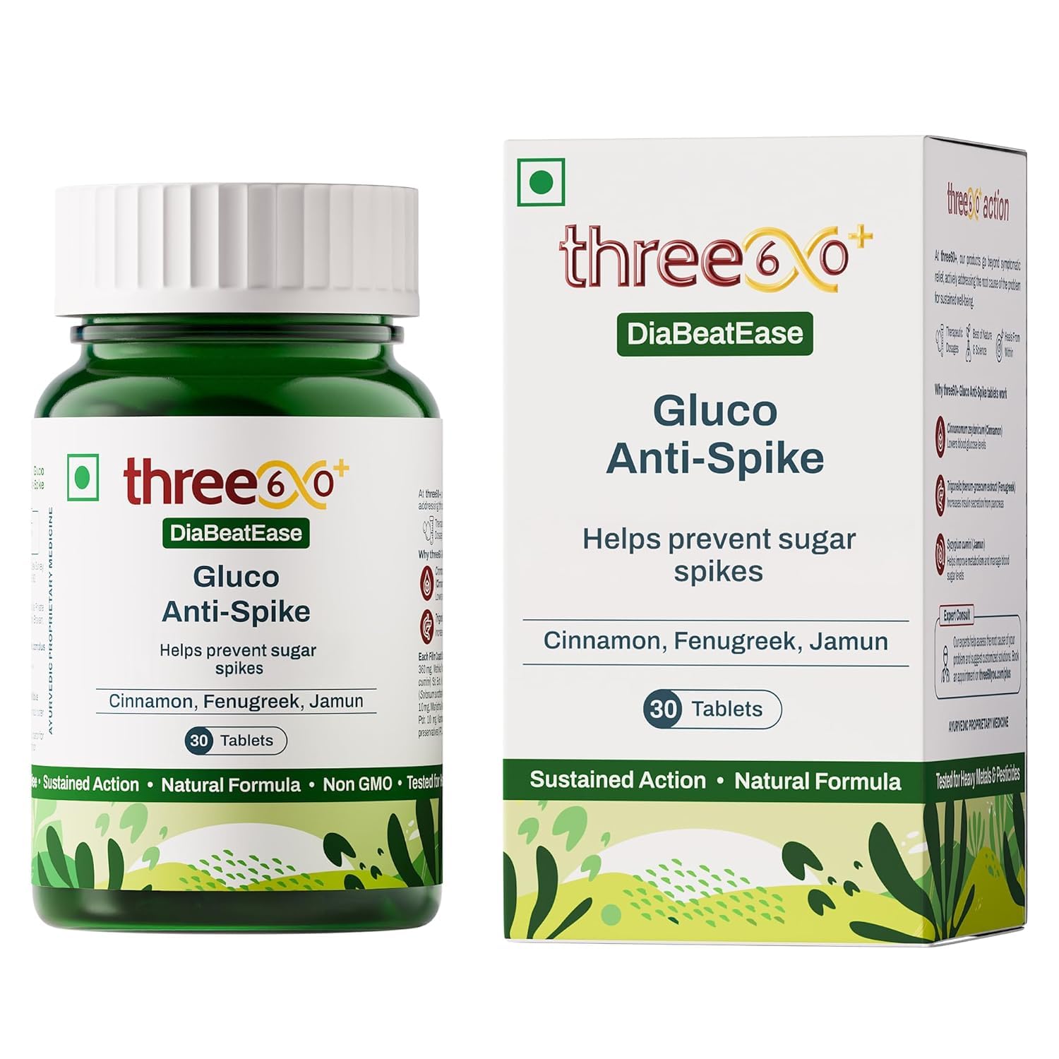 three60+ DiaBeatEase Gluco Anti-Spike Tablets | 30 Tablets | Herbal Diabetic Supplement